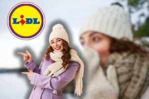 donna con cappello e sciarpa che ha freddo, un'altra vestita con indumenti pesanti che indica logo della lidl in icona