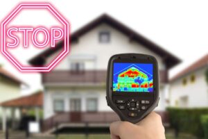 casa segnale stop rosso e macchina per vedere efficenza energetica