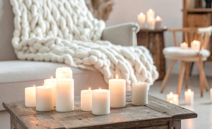 salotto coperta su un divano e varie candele sparse in giro